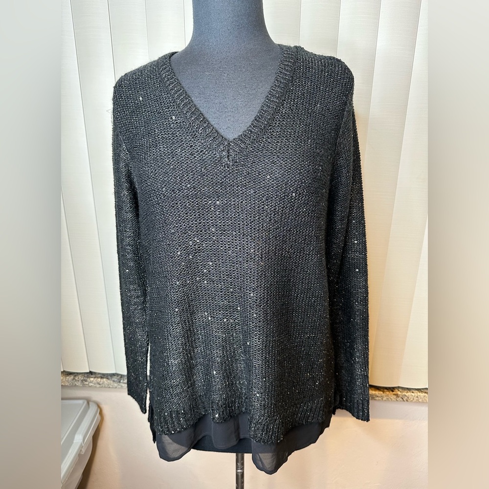 Liz Claiborne Elegant Sparkly Black Sequined Sweater Sheer Hem Size Large